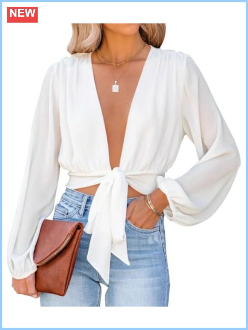 Women's Deep V Neck Tie Front Long Puff Sleeve Crop Blouse